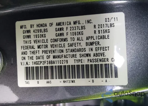 2011 Honda Accord 2.4 Lx from USA, damaged, VIN 1HGCP2F38BA110279